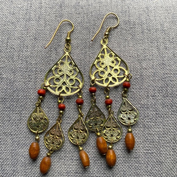 Boho Dangling Earrings with Wooden Beads - Picture 3 of 3